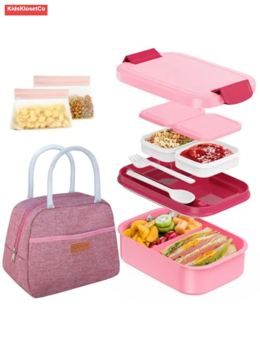 4-in-1 Bento Lunch Box Set with Insulated Bag, Pink